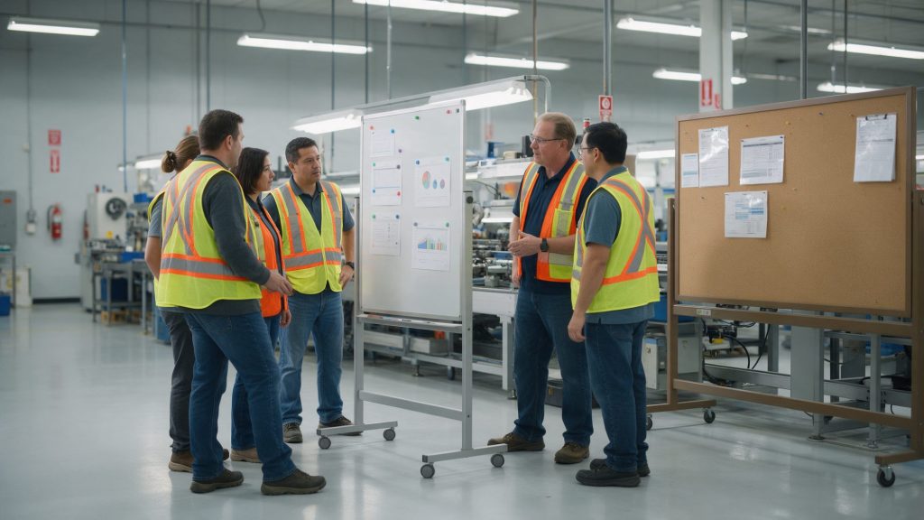 Quality and production team reviewing charts on a whiteboard next to a production line