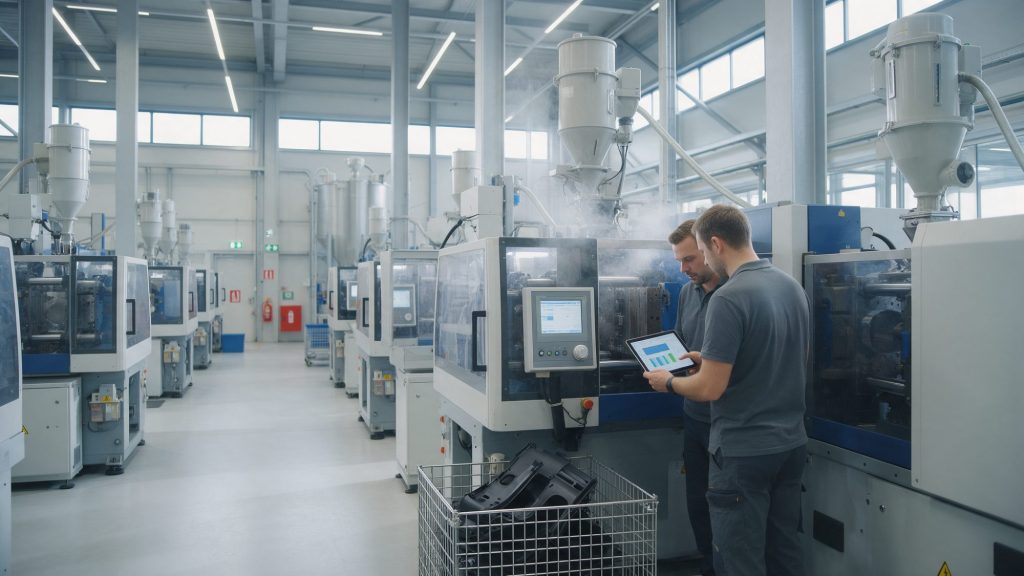 Process engineer and operator reviewing process data on a tablet next to an injection molding machine