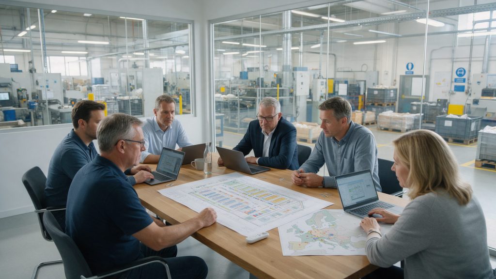 Équipe de direction d'une entreprise industrielle qui étudie un plan d'implantation d'usine et une carte de l'Europe dans une salle de réunion à côté de l'atelier de production
