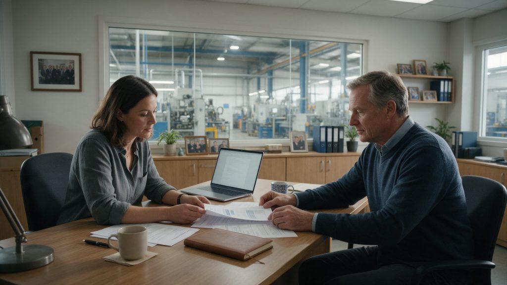 Directeur d'usine et candidat manager de transition qui relisent un brief de mission d'une page sur un bureau de l'usine