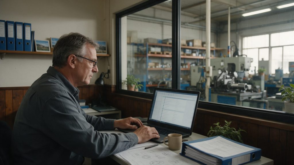 Experienced engineer reviewing open interim projects on a laptop in an office next to the production hall