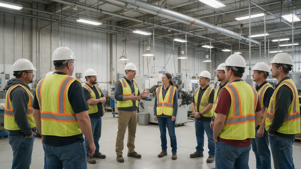 Plant manager introducing an interim quality manager to the shift team on the production floor