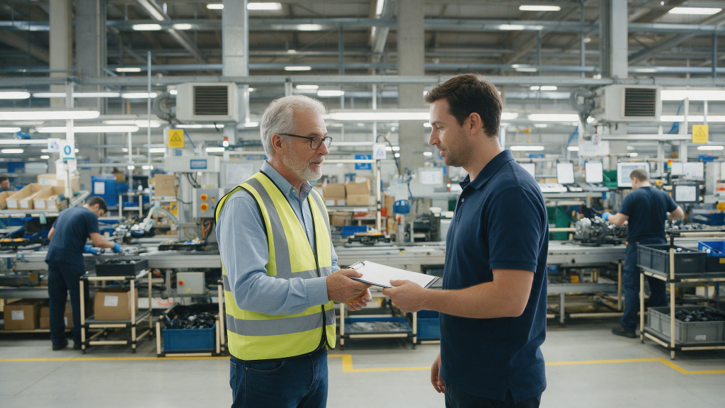 Experienced interim manager hands over a clipboard to a production team leader on the shop floor