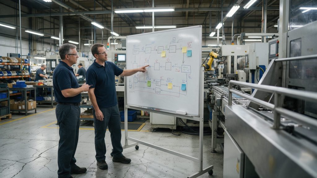 Plant manager and lean engineer reviewing a hand-drawn value stream map on a whiteboard next to a production line