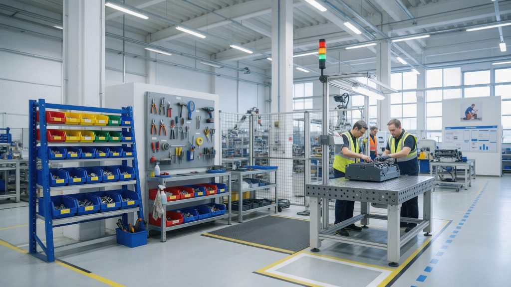 Lean manufacturing workstation with kanban bins, a shadow board for tools, floor markings and an andon light above the assembly table