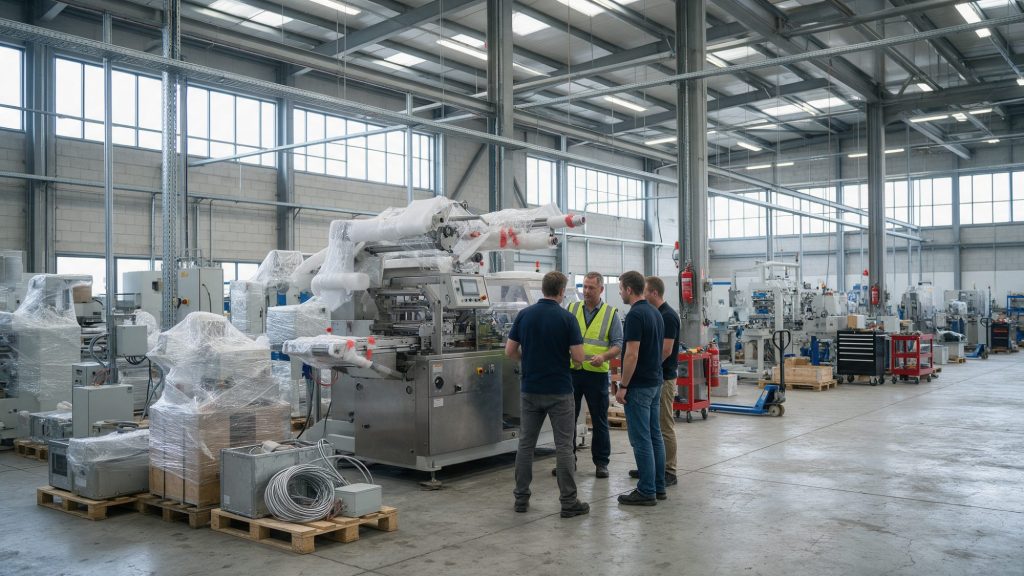 Responsable des opérations en gilet de sécurité qui fait un point avec une équipe locale à côté de machines fraîchement installées dans un nouvel atelier