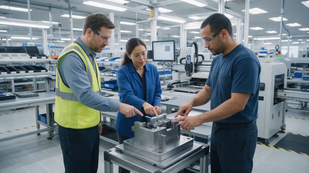 Process engineer, quality engineer and operator discussing a fixture at an assembly station during a process FMEA