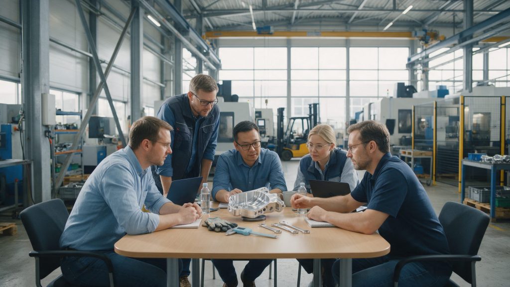 Product leader qui examine une nouvelle pièce prototype avec les responsables du bureau d'études, de la qualité et de la production près de l'atelier