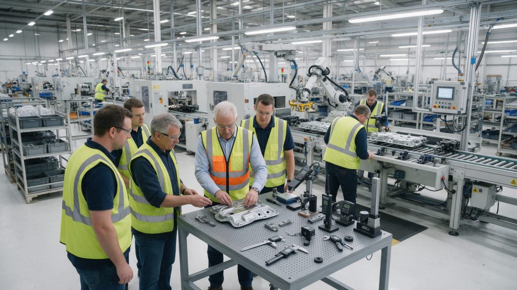 Launch manager de transition et équipe de l'usine qui contrôlent les premières pièces d'un nouveau produit sur une ligne de présérie