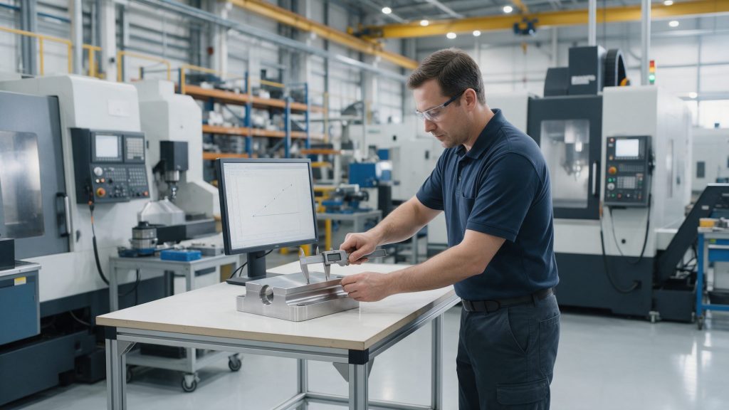 Quality engineer measuring a machined part with a digital caliper next to CNC machines, with a control chart on the monitor beside him