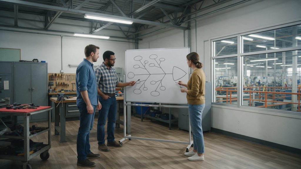 Équipe de résolution de problèmes qui trace un diagramme d'Ishikawa sur un tableau blanc dans une salle attenante à l'atelier de production