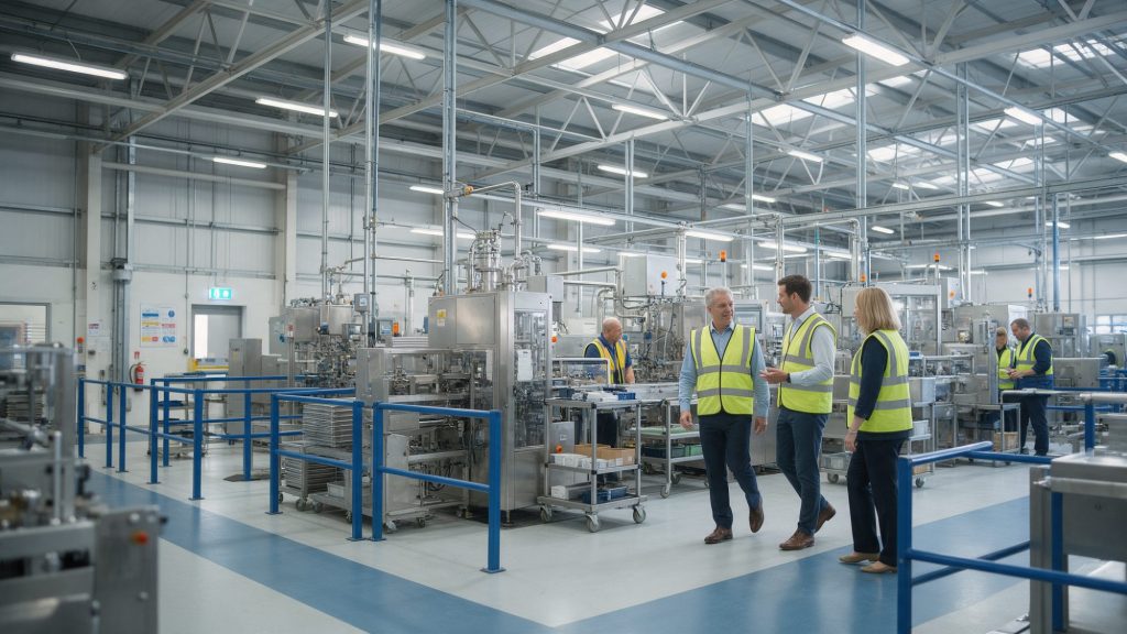 Directeur commercial d'un fournisseur industriel présentant la ligne de production à l'équipe achats d'un client