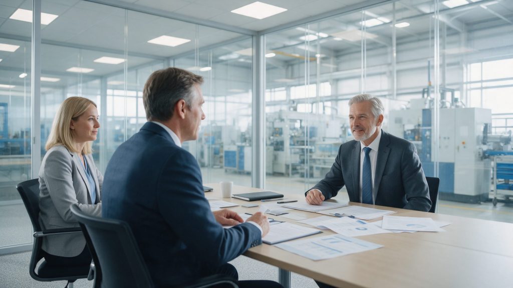 Directeur général en entretien avec un candidat au poste de directeur commercial dans une salle de réunion à côté de l'atelier de production