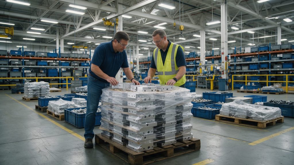 Supply chain manager and supplier quality engineer checking a pallet of incoming machined parts at goods receiving