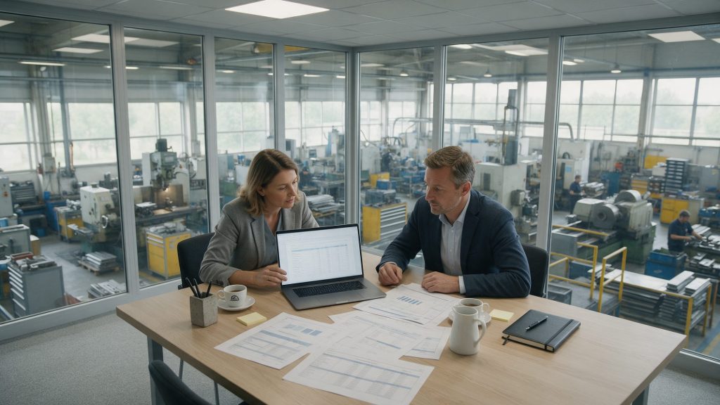 Procurement director and category buyer comparing supplier cost sheets in an office overlooking the production hall
