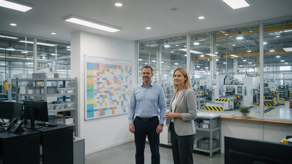 Responsable achats et responsable supply chain devant un tableau de segmentation des fournisseurs dans un bureau d'usine